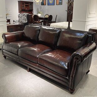 森华派美式复古大巴顿沙发客厅三人位直排小户型组合油蜡真皮沙发