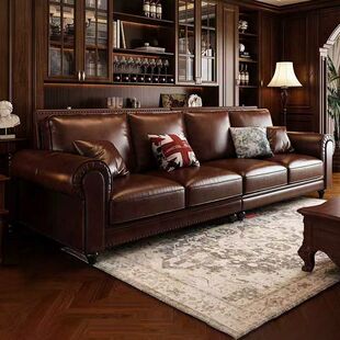森华派美式大巴顿沙发棕色油蜡真皮沙发直排复古别墅客厅家具组合