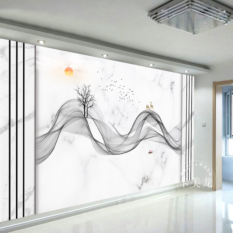 电视背景墙壁纸8d客厅壁画5d墙纸3d墙布新中式山水画线纹鹿影视墙