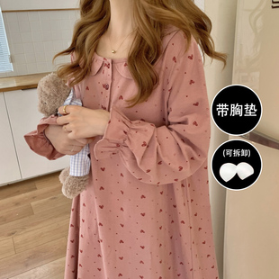 带胸垫睡裙女春秋款纯棉长袖睡衣甜美可爱公主风孕妇冬长款家居服