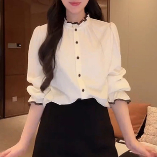 蕾丝木耳花边立领长袖 衬衫 D5ST1555 莱赛尔羊毛衬衫