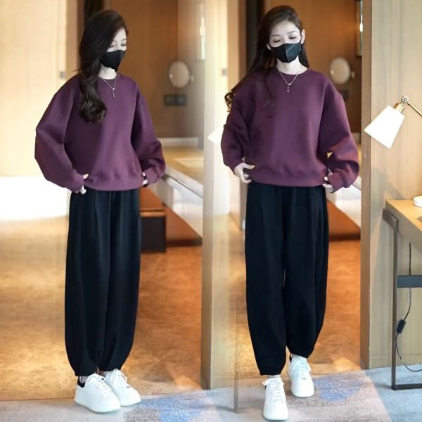 2026早春搭配一整套休闲套装女爆款宽松圆领卫衣哈伦裤减龄两件套