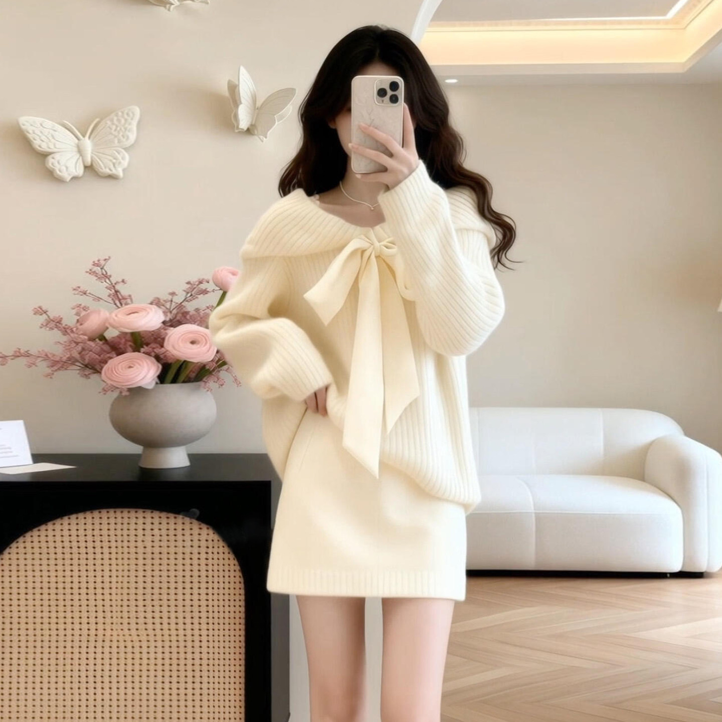 韩系巨好看穿搭一整套2026新款白色毛衣针织连衣裙女秋冬短裙套装