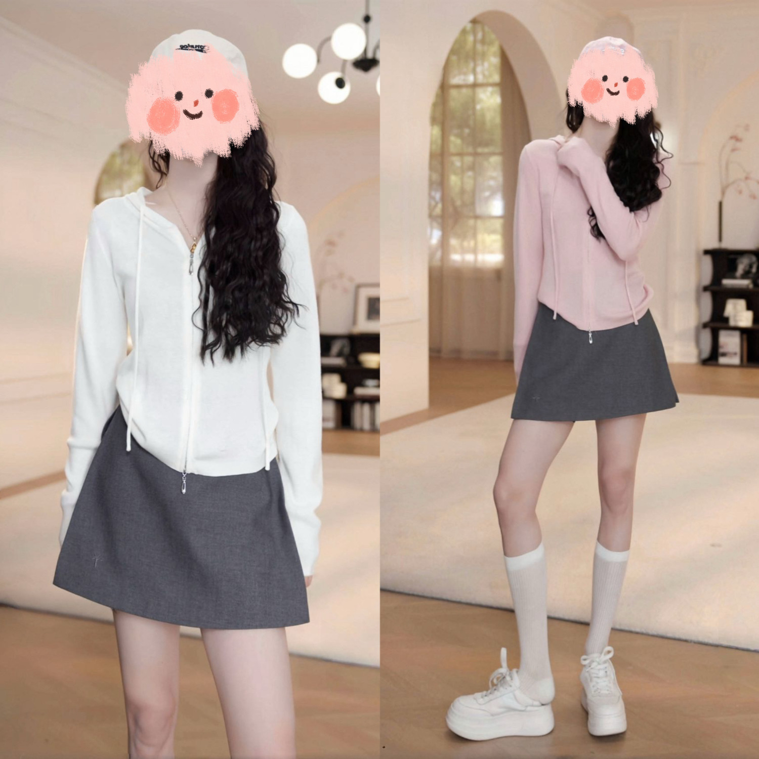 早春穿搭一整套女装薄雾少女风套装连帽针织开衫+裙裤两件套休闲