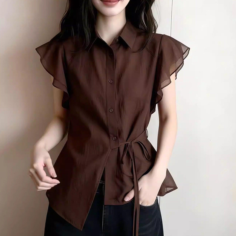设计感咖色小翻领短袖衬衫女夏小个子收腰绑带荷叶边气质正肩上衣