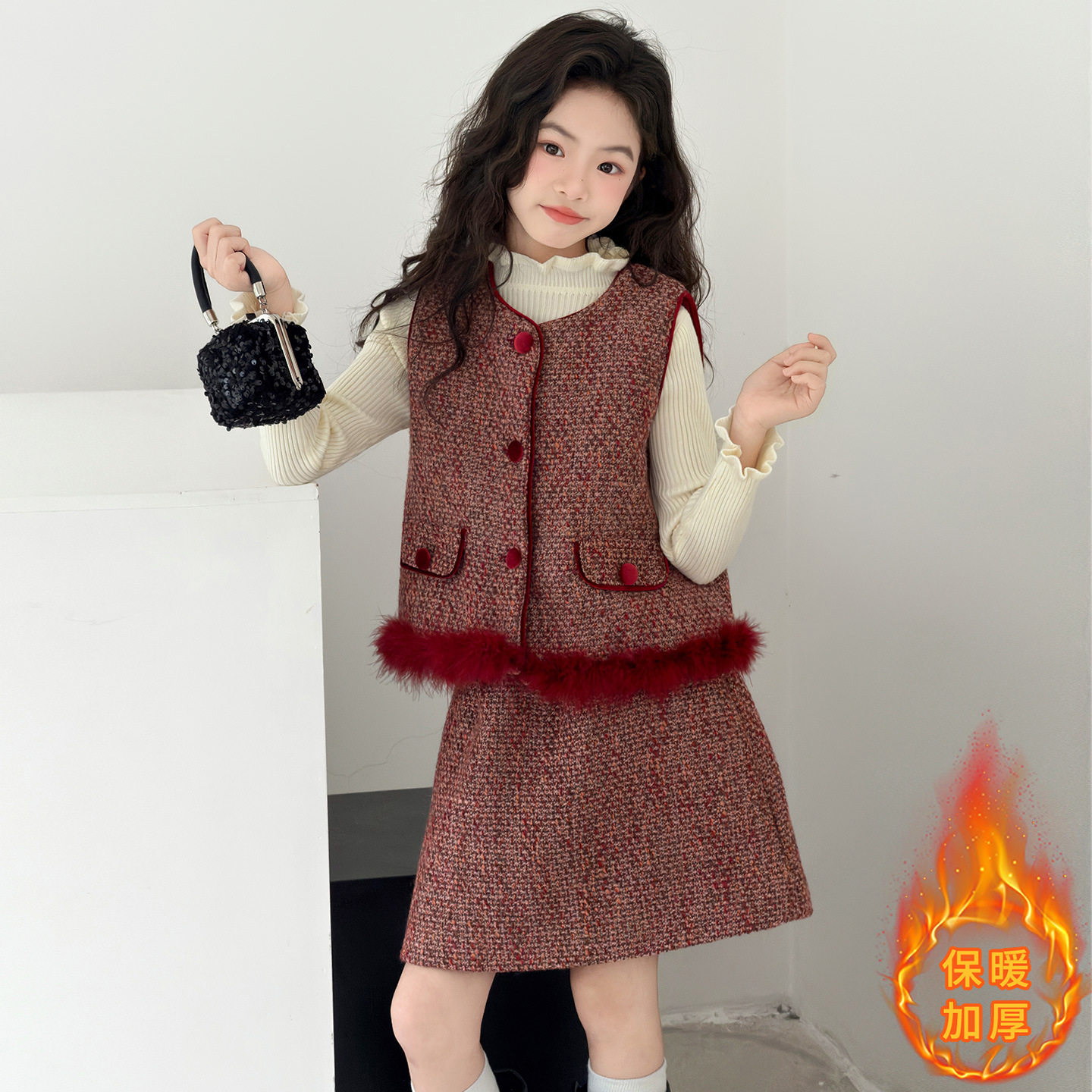 女童2026新款秋冬小香风毛呢背心裙套装加绒保暖新年拜年服三件套