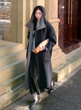 现货首发新款双面羊毛呢大衣正反两穿连帽女p285-k428