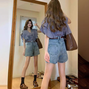 TX格子短袖上衣牛仔短裤两件套夏季小个子气质御姐风高级感穿搭套