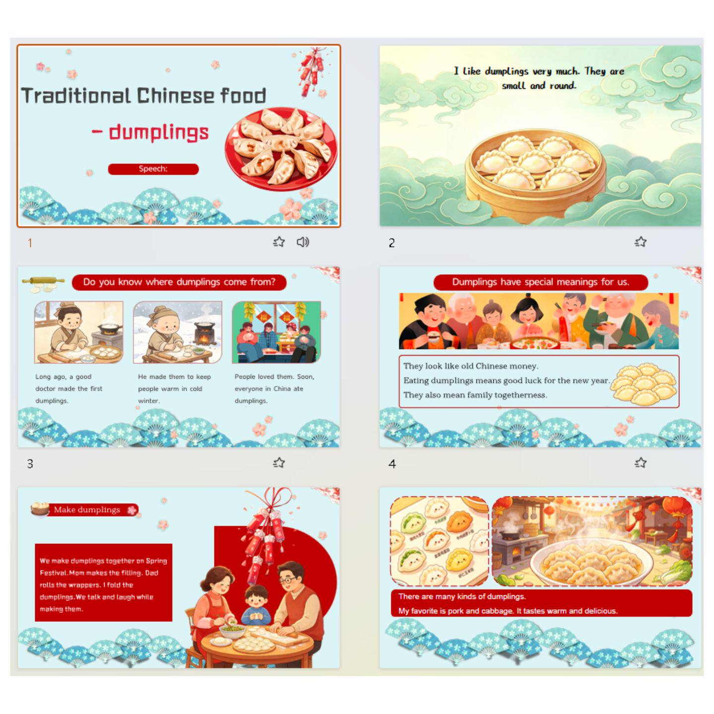 传统中国美食水饺英语演讲PPT动态8页文化演讲儿童饺子模板学生
