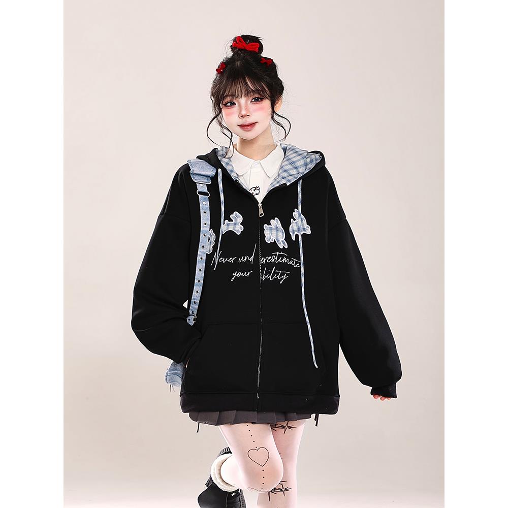 韩系慵懒风刺绣开衫连帽卫衣女秋季新款穿搭超火减龄宽松休闲外套