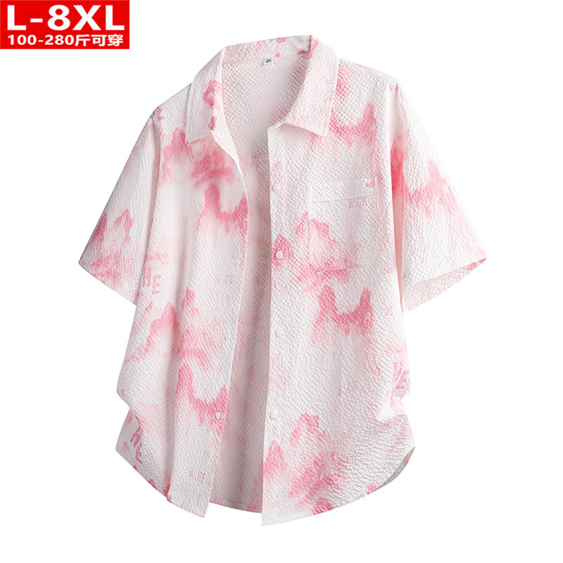 夏季潮流港风男装时尚印花短袖衬衫胖男士加肥加大码宽松休闲衬衣