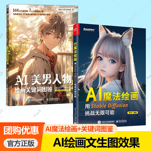 AI魔法绘画 用STABLE DIFFUSION挑战无限可能+AI美男人物绘画关键词图鉴 Midjourney版AI绘画书 模型训练提示词AIGC图片创作教程书