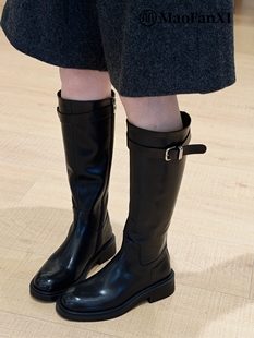 MFX6135欧货牛皮女鞋 2025冬真皮圆头粗跟长靴韩系皮带扣骑士靴