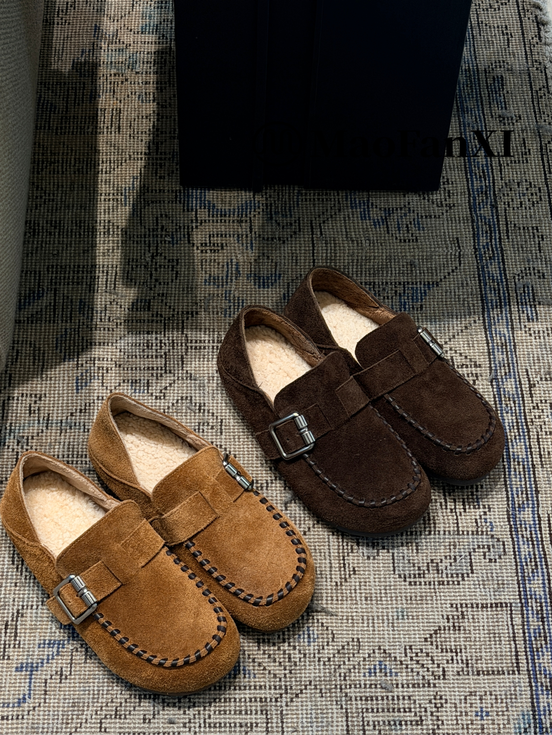 MFX889-103欧货牛皮女鞋2025冬真皮圆头平底单鞋韩系羊毛勃肯鞋