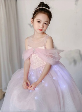 发光公主裙女童夏季粉色艾莎礼服蓝色生日纱裙洋气露肩女孩连衣裙