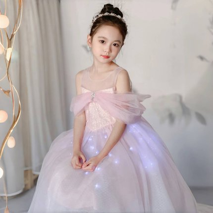 发光公主裙女童夏季粉色艾莎礼服白色生日纱裙白色露肩女孩连衣裙