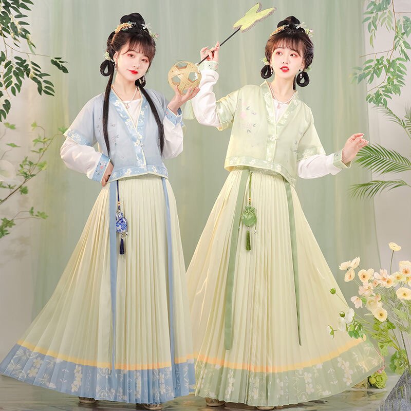 【秋夕】原创唐褙子圆领衫一片式齐胸齐腰褶裙印花唐制汉服女