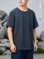 Original Chinese-style cotton and linen T-shirt for men, loose linen short-sleeved, summer thin, breathable, round-neck, large-sized T-shirt thumbnail 5