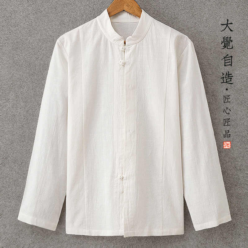 原创春季亚麻盘扣长袖柔软衬衫男