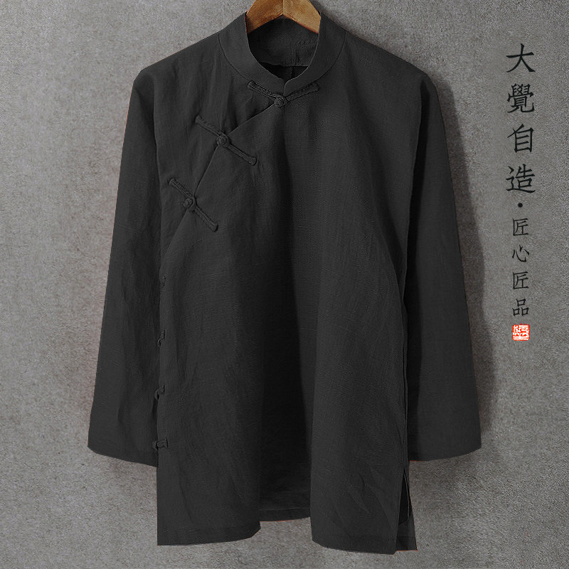 ORIGINAL LINEN TANG COSTUME SUMMER PLACKET TOP RETRO BUCKLE MENS CHINESE STYLE PURE LINEN LOOSE LARGE SIZE HANFU SHIRT