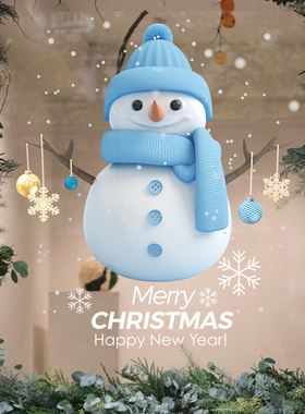 圣诞节装饰卡通蓝色雪人公仔店铺橱窗氛围场景布置静电玻璃门贴纸