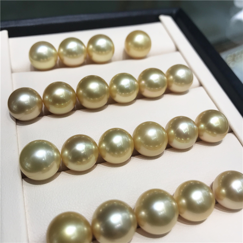 天然海水珍珠11-12mm正圆极微瑕暇金色南洋金珍珠裸珠散珠可定制