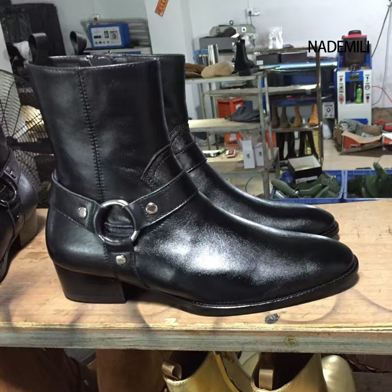 thumbnail for WINTER EUROPEAN AND AMERICAN CHELSEA BOOT FIRST YEAR RING BUCKLE CHELSEA BOOTS MEN'S LEATHER POINTED TOE HIGH-TOP STREET MARTIN BOOT TREND