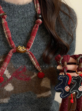 红色格子小马抽拉布艺项链女秋冬长款本命年氛围感毛衣链百搭配饰