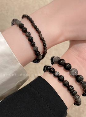 天然黑曜石串珠手链女款轻奢小众叠戴黑色手串精致情侣高级感手饰