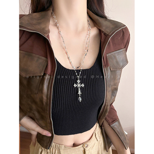 甜酷y2k双层十字架吊坠项链女轻奢高级感毛衣链哥特辣妹长款配饰