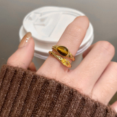 美拉德双层虎眼石开口戒指女小众设计感复古食指戒轻奢高级感尾戒