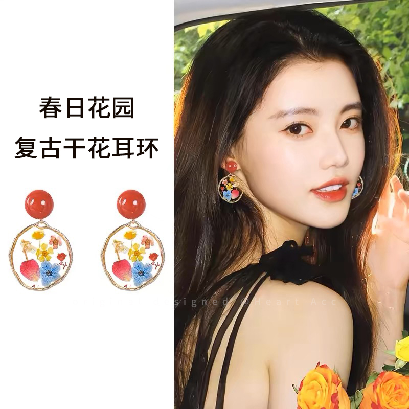 森系圆形花朵银针耳环女复古港风气质耳钉耳坠个性甜美田园风耳饰