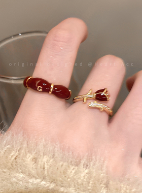 安可拉红色滴釉玫瑰开口戒指女复古气质叠戴食指戒秋冬高级感指环