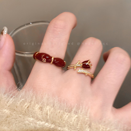 安可拉红色滴釉玫瑰开口戒指女复古气质叠戴食指戒秋冬高级感指环