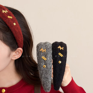 「马上有钱花」秋冬红色毛绒宽边发箍女款高级质感高颅顶头箍发卡