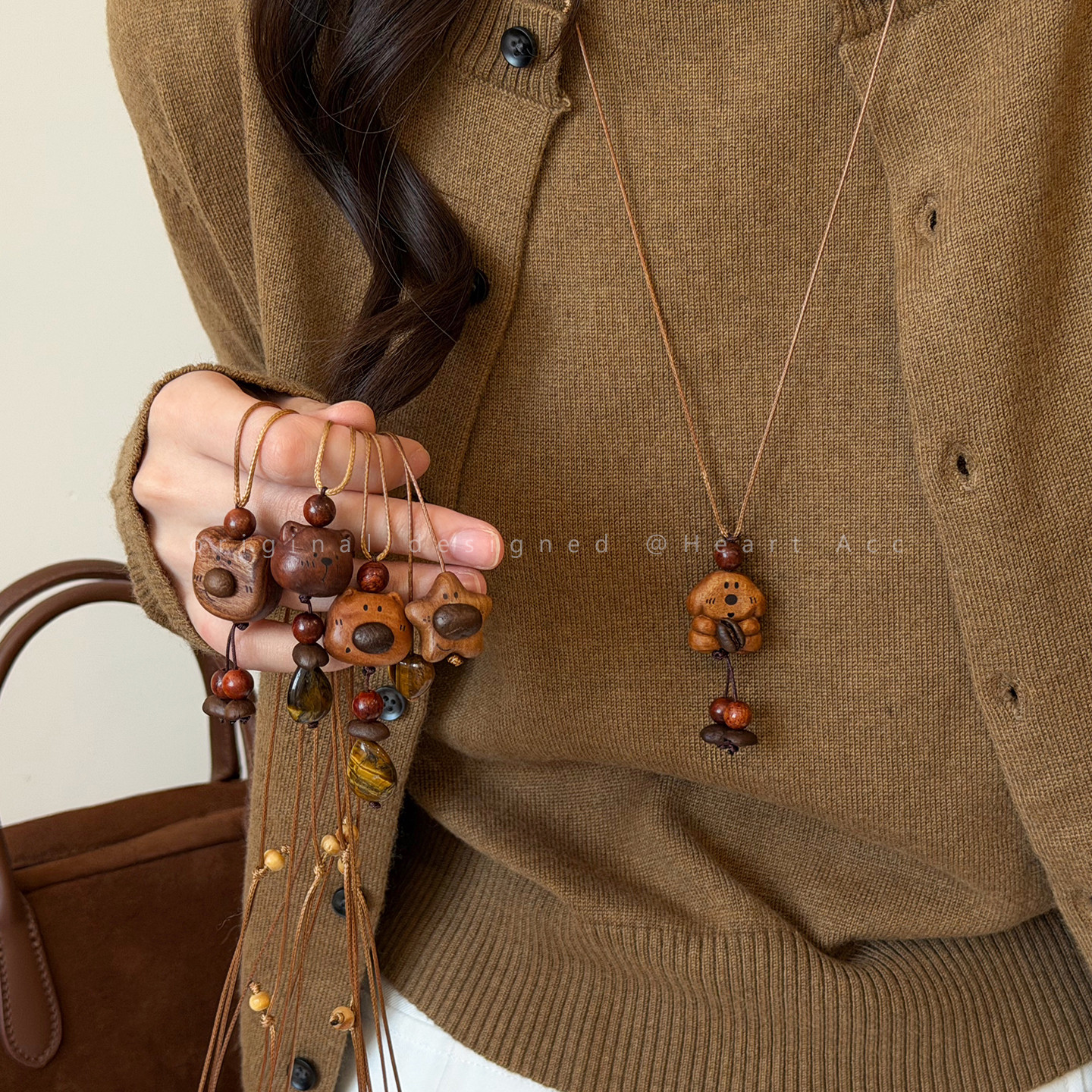 萌物来袭~木质小熊星星项链女秋冬可爱长款毛衣链小众设计感配饰