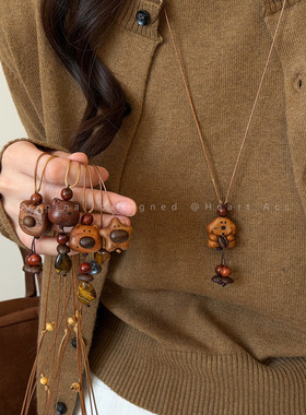 萌物来袭~木质小熊星星项链女秋冬可爱长款毛衣链小众设计感配饰