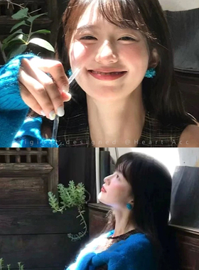 显白！清凉感蓝色串珠耳钉女款气质小众耳环艺术生耳夹无耳洞耳饰