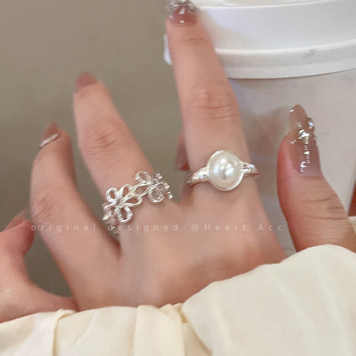 法式银色珍珠花朵开口戒指女时尚个性高级感叠戴食指戒冷淡风指环