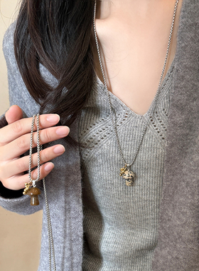 韩系蘑菇虎眼石吊坠项链女2025新款长款毛衣链简约百搭卫衣链配饰