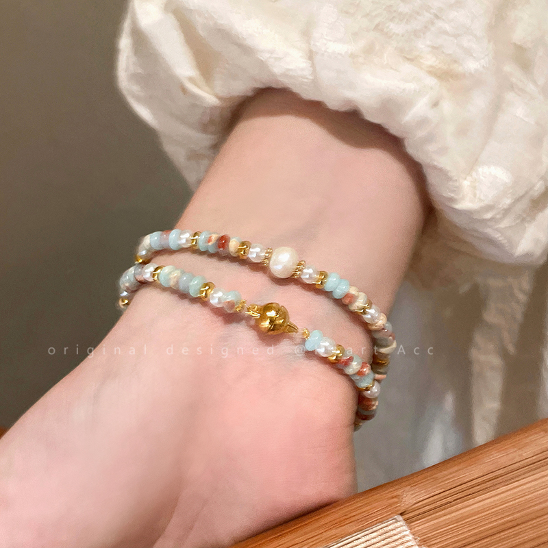 彩色寿山石珍珠串珠手链女新中式双层天然手串小众复古巨好看手饰