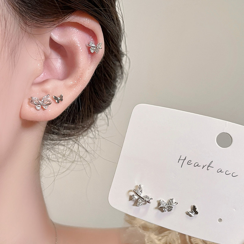 爆闪蝴蝶锆石银针耳钉套装女轻奢高级感小众精致耳环双耳洞耳饰品