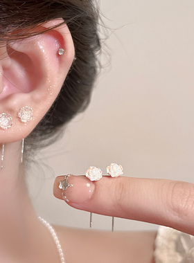 白色玫瑰花银针耳钉女2025新款气质耳线时尚百搭耳环独特漂亮耳饰