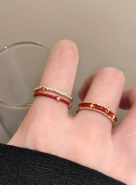 新年红色星星开口可调节戒指女复古小众食指戒轻奢高级感气质指环