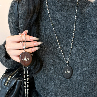 复古木质土星吊坠长款项链女小众设计感百搭毛衣链高级感挂脖配饰