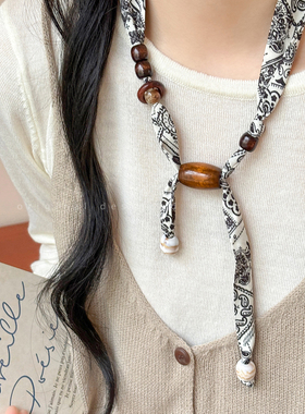 初秋季~复古腰果花抽拉丝巾项链女小众2025新款围脖配饰毛衣链子