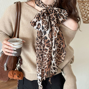 千禧辣妹风豹纹丝巾女士复古性感薄款系脖围巾颈饰高级感长条领巾
