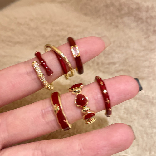 安可拉红色滴釉开口戒指女轻奢小众高级感食指戒复古显白叠戴指环