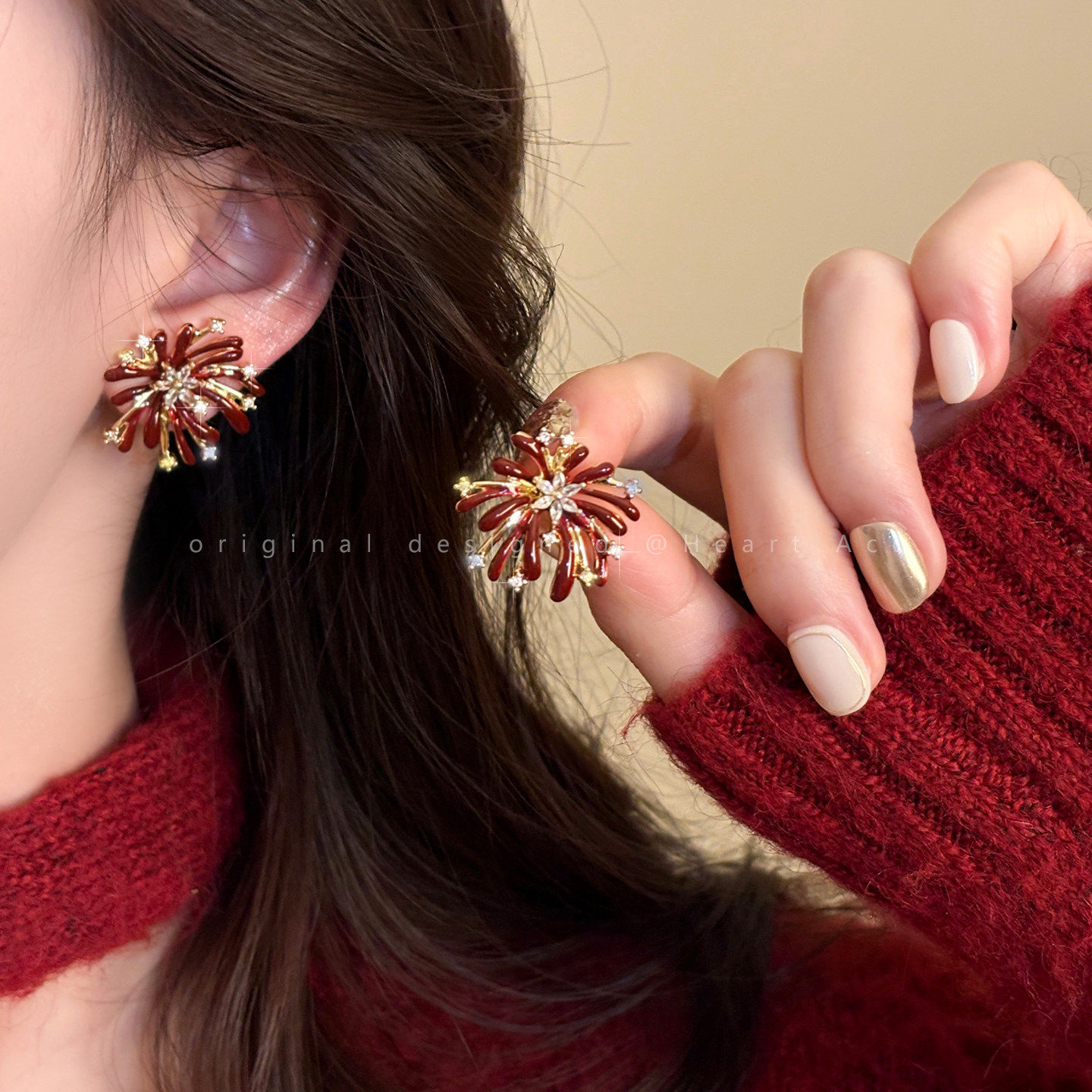 红色闪钻烟花耳钉女2025新款爆款轻奢高级感耳环小巧精致气质耳饰,饰品/流行首饰/时尚饰品新,耳钉,淘宝优惠券,粉丝福利购,淘宝优惠卷