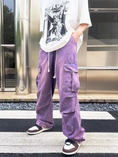 美式hiphop裤子ins高街水洗做旧宽松松紧腰男女牛仔裤直筒工装裤